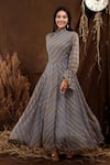 SUTI KAPDA_Grey Chiffon Leheriya High Neck Wave Pattern Bell Sleeves Gown _Online_at_Aza_Fashions