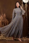 Shop_SUTI KAPDA_Grey Chiffon Leheriya High Neck Wave Pattern Bell Sleeves Gown _Online_at_Aza_Fashions