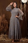 Buy_SUTI KAPDA_Grey Chiffon Leheriya High Neck Wave Pattern Bell Sleeves Gown _at_Aza_Fashions