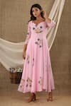 Buy_SUTI KAPDA_Pink Chiffon Georgette Hand Painted Floral Sweetheart Dress _at_Aza_Fashions