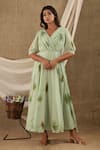 Buy_SUTI KAPDA_Green Chiffon Georgette Hand Painted Botanical V Neck Print Maxi Dress _at_Aza_Fashions