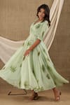 SUTI KAPDA_Green Chiffon Georgette Hand Painted Botanical V Neck Print Maxi Dress _at_Aza_Fashions