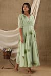 Buy_SUTI KAPDA_Green Chiffon Georgette Hand Painted Botanical V Neck Print Maxi Dress 