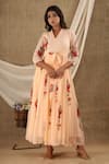 SUTI KAPDA_Peach Chiffon Georgette Hand Painted Floral Veil V Neck Veli Maxi Dress _at_Aza_Fashions