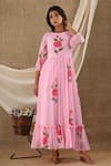 Shop_SUTI KAPDA_Pink Chiffon Georgette Hand Painted Floral Round Maxi Dress _Online_at_Aza_Fashions