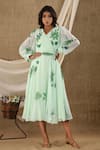 Buy_SUTI KAPDA_Green Chiffon Georgette Hand Painted Floral V Neck Midi Dress _at_Aza_Fashions