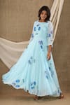 SUTI KAPDA_Blue Chiffon Georgette Hand Painted Flower Round Maxi Dress _at_Aza_Fashions