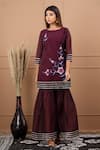 SUTI KAPDA_Wine Chanderi Embroidered Lace Round Floral Handpainted Kurta Sharara Set _Online_at_Aza_Fashions