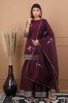 Buy_SUTI KAPDA_Wine Chanderi Embroidered Lace Round Floral Handpainted Kurta Sharara Set _at_Aza_Fashions