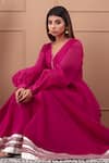 Buy_SUTI KAPDA_Pink Chanderi Embroidered Gota V Neck Work Flared Gown 