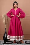 Buy_SUTI KAPDA_Pink Chanderi Embroidered Gota V Neck Work Flared Gown _at_Aza_Fashions