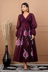 Buy_SUTI KAPDA_Wine Chanderi Hand Painted V Neck Floral Gown _at_Aza_Fashions