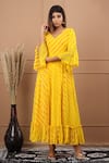 Buy_SUTI KAPDA_Yellow Chiffon V Neck Leheriya Pattern Flared Gown _Online_at_Aza_Fashions