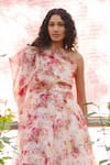 Richa Khemka_White Organza Print Floral Asymmetric Neck Autumn Top With Skirt _Online_at_Aza_Fashions