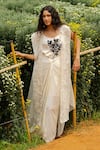 Shop_Richa Khemka_White Organza Applique Rose Spread V Neck Azalea Dress With Cape _at_Aza_Fashions