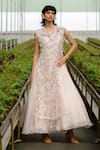 Buy_Richa Khemka_Pink Organza Applique Leaves Round Neck Dandelion Overlay With Gown _at_Aza_Fashions