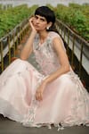 Shop_Richa Khemka_Pink Organza Applique Leaves Round Neck Dandelion Overlay With Gown _at_Aza_Fashions