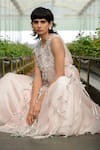 Richa Khemka_Pink Organza Applique Leaves Round Neck Dandelion Overlay With Gown _Online_at_Aza_Fashions