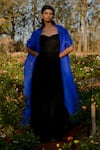 Buy_Richa Khemka_Blue Organza Applique Hydrangea Cape Front Open With Sarong Dress _at_Aza_Fashions