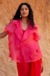 Shop_Richa Khemka_Red Organza Applique Rose Lapel Collar Jacket With Dress _at_Aza_Fashions