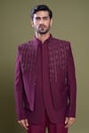 Buy_Aryavir Malhotra_Maroon Bandhgala And Jacket Imported Jacquard Embroidery Bloom Vine & Set _Online_at_Aza_Fashions