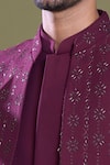 Shop_Aryavir Malhotra_Maroon Bandhgala And Jacket Imported Jacquard Embroidery Bloom Vine & Set _Online_at_Aza_Fashions