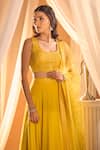 Shop_Alaya Advani_Yellow Blouse And Dupatta Net Embroidered Cutdana Plunged U Layered Lehenga Set 