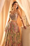 Alaya Advani_Multi Color Blouse And Lehenga Tissue Printed Floral Plunged Pleated Set _Online_at_Aza_Fashions