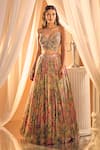 Shop_Alaya Advani_Multi Color Blouse And Lehenga Tissue Printed Floral Plunged Pleated Set _Online_at_Aza_Fashions