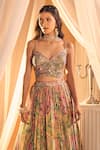 Alaya Advani_Multi Color Blouse And Lehenga Tissue Printed Floral Plunged Pleated Set _Online