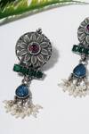 Shop_Mero Jewellery_Blue Kempstone Sunflower Carved Tribal Earrings _at_Aza_Fashions