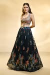 Shop_Alaya Advani_Blue Blouse Raw Silk Printed Floral Leaf Pleated Lehenga Set _Online_at_Aza_Fashions