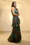 Alaya Advani_Green Tissue Printed Big Florals V Neck Pre-draped Ruffle Saree With Blouse _Online_at_Aza_Fashions