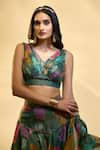 Shop_Alaya Advani_Green Tissue Printed Big Florals V Neck Pre-draped Ruffle Saree With Blouse 