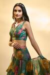 Alaya Advani_Green Tissue Printed Big Florals V Neck Pre-draped Ruffle Saree With Blouse _Online