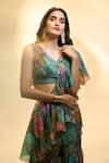 Buy_Alaya Advani_Green Tissue Printed Big Florals V Neck Pre-draped Ruffle Saree With Blouse _Online