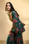 Shop_Alaya Advani_Green Cupro Printed Big Florals Tunic V Neck Ruched And Sharara Set _Online_at_Aza_Fashions