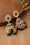 Shop_Curio Cottage_Green Stone Meira Kundan Embellished Jhumkas _at_Aza_Fashions