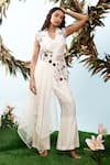 Eclat by Prerika Jalan_Ivory Organza Embroidered Bead Top V Lilium Asymmetric Hem Jacket Pant Set _Online_at_Aza_Fashions