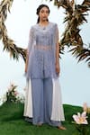 Buy_Eclat by Prerika Jalan_Purple Crepe Embroidered Floral Cape Round Sunrose Pant Set _at_Aza_Fashions