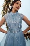 Buy_Eclat by Prerika Jalan_Blue Satin Linen Embroidered Bead Jacket V Neck Holler Placement Dress With _Online_at_Aza_Fashions