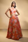 Shop_Alaya Advani_Orange Lehenga And Blouse Velvet Printed Floral V Neck Set With Ruffle Dupatta _at_Aza_Fashions