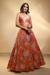 Shop_Alaya Advani_Orange Lehenga And Blouse Velvet Printed Floral V Neck Set With Ruffle Dupatta _Online_at_Aza_Fashions