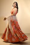 Alaya Advani_Orange Lehenga And Blouse Velvet Printed Floral V Neck Set With Ruffle Dupatta _at_Aza_Fashions