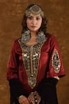 Ekavira_Maroon Silk Embellished Coin Round Rubina Charm Kurta With Tulip Pant _Online_at_Aza_Fashions