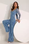 Shop_Silky Bindra_Blue Lace Embellished Sequin Jumpsuit V-neck Asena Set _Online_at_Aza_Fashions