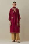 Buy_Bunka_Red Kurta Silk Chanderi Embroidered Zari V Neck Ambreen Work Pant Set _at_Aza_Fashions