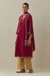 Bunka_Red Kurta Silk Chanderi Embroidered Zari V Neck Ambreen Work Pant Set _Online_at_Aza_Fashions