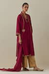 Shop_Bunka_Red Kurta Silk Chanderi Embroidered Zari V Neck Ambreen Work Pant Set _Online_at_Aza_Fashions