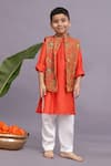 Buy_LA DEE DA_Orange Bamberg Silk Print Floral Bundi Kurta Set _at_Aza_Fashions